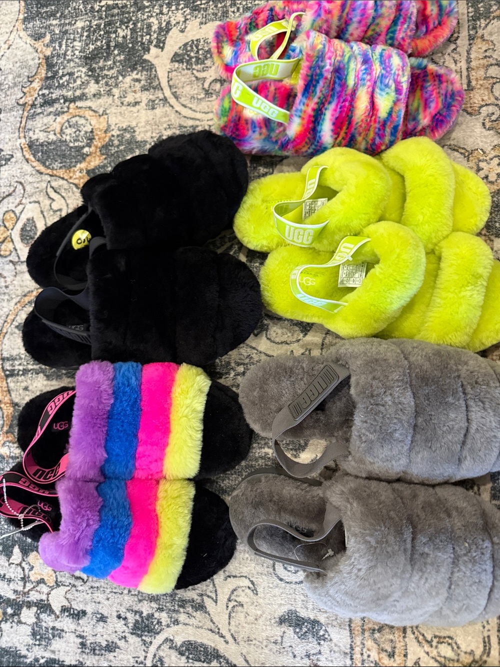 UGG  Slide Slippers in Neon Yellow, Black, Gray & Multi price for one only